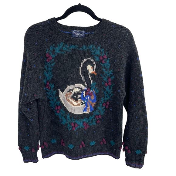 Vintage Woolrich Pure Wool Knit Holiday Swan Wreath Sweater Womens Small AS IS - Picture 1 of 6